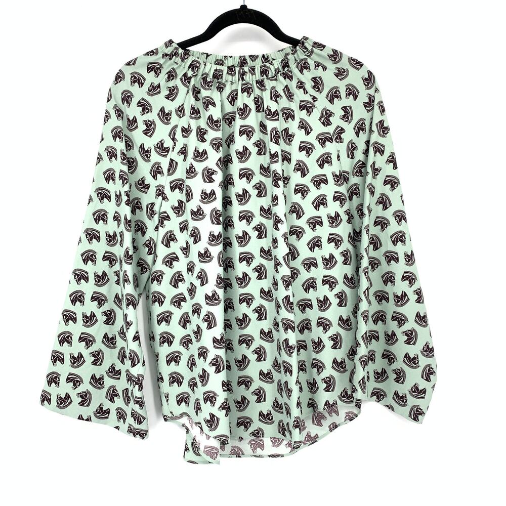 Ann Taylor Flared Sleeve Horse Print Top Womens Size Medium Light Blue Maroon